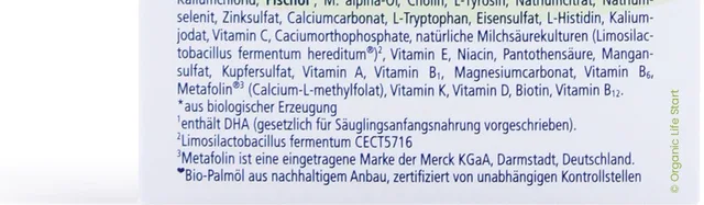 The ingredients list on the side of the German Stage 1 box