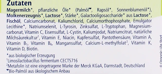 The ingredients list on the side of the German Stage 2 box