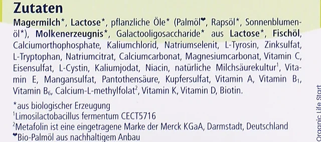 The ingredients list on the side of the German Stage 2 No Starch box