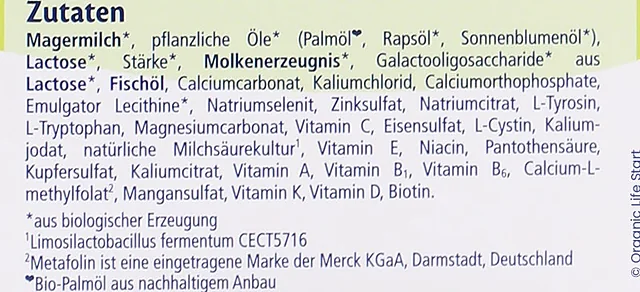 The ingredients list on the side of the German Stage 3 box