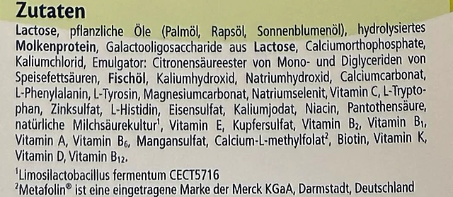 The ingredients list on the side of the German HA 2 box