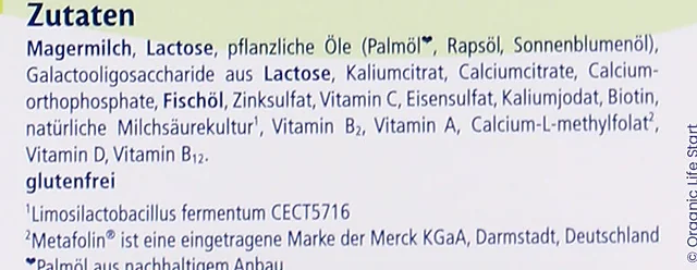 The ingredients list on the side of the Kindermilch 1+ box