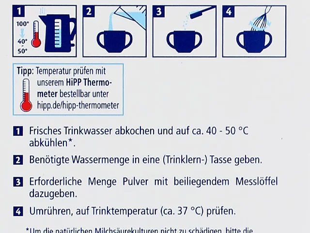The preparation steps on the side of the Kindermilch 1+ box