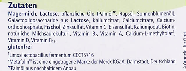 The ingredients list on the side of the Kindermilch 2+ box