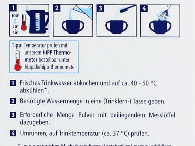 The preparation steps on the side of the Kindermilch 2+ box