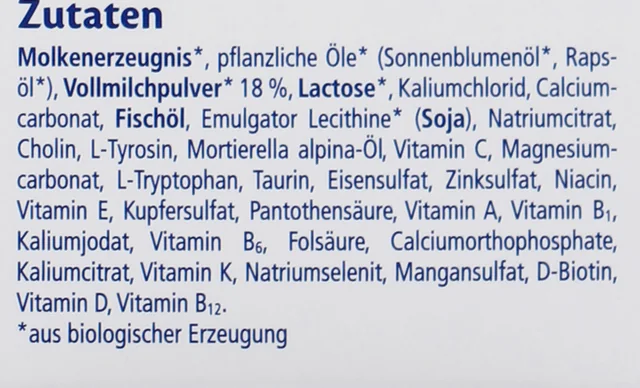 The ingredients list on the side of the HiPP 1 PUR box