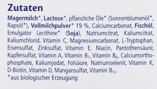 The ingredients list on the side of the HiPP PUR Kindermilch box