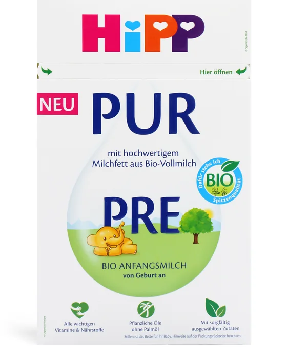 HiPP PRE PUR 500 g box, German label, front