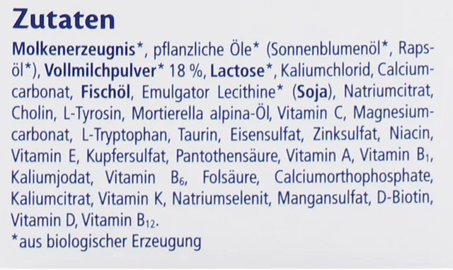The ingredients list on the side of the HiPP PRE PUR box