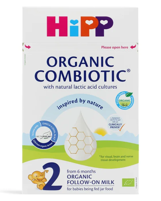 Caja de 800 g de HiPP 2 Organic Combiotic, etiqueta inglesa de exportación, frente