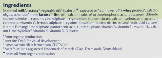 La lista de ingredientes en el lateral de la caja de HiPP 2 Organic Combiotic