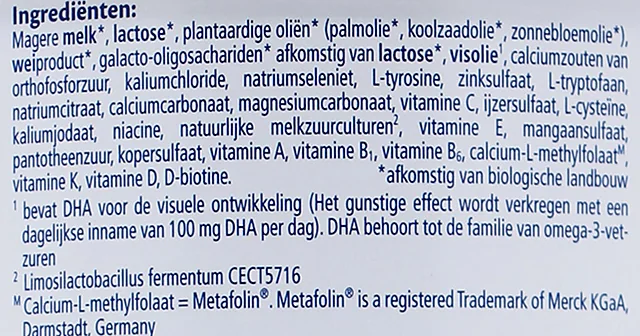 The ingredients list on the Dutch Stage 2 tin, in Dutch