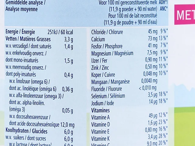 The nutrition table printed on the Dutch Stage 3 tin