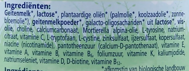 The ingredients list on the Dutch Goat Stage 1 tin, in Dutch