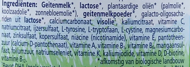 The ingredients list on the Dutch Goat Stage 2 tin, in Dutch