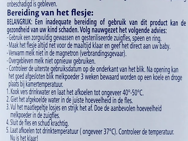 The preparation instructions on the Dutch Goat Stage 2 tin