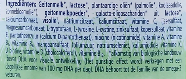 The ingredients list on the Dutch Goat Stage 3 tin, in Dutch