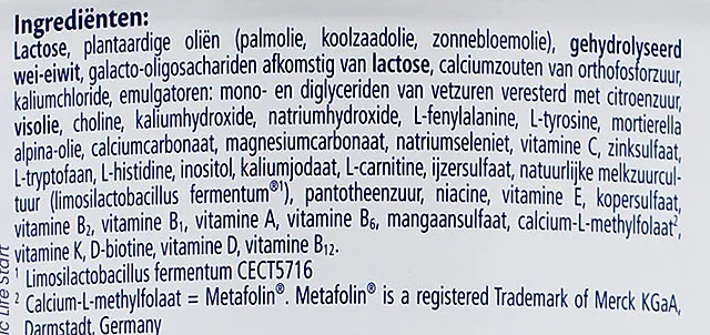 The ingredients list on the Dutch HA 1 tin, in Dutch