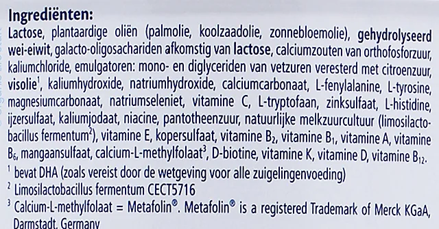 The ingredients list on the Dutch HA 2 tin, in Dutch