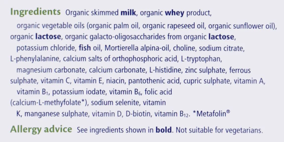 The ingredients list on the back of the UK First Infant Milk tin