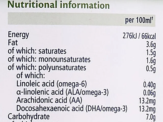 The nutrition table printed on the UK First Infant Milk tin