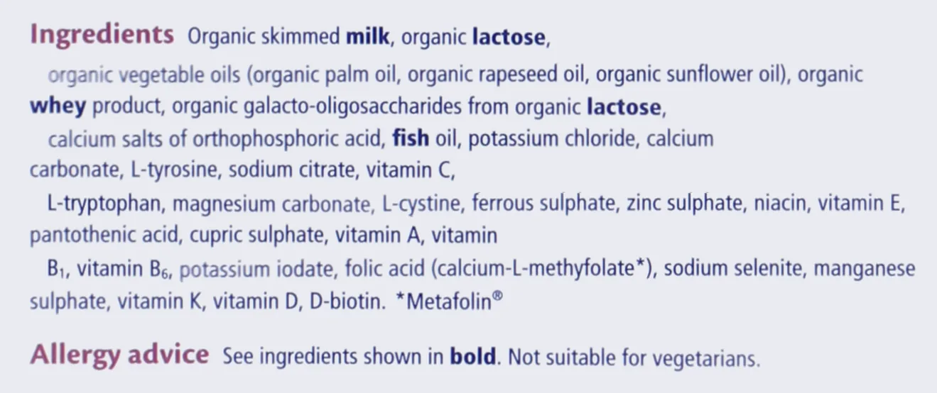 The ingredients list on the back of the UK Follow On Milk tin