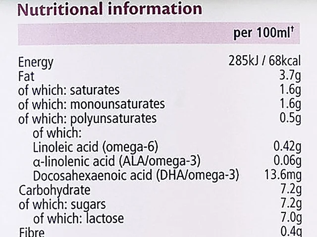 The nutrition table printed on the UK Follow On Milk tin