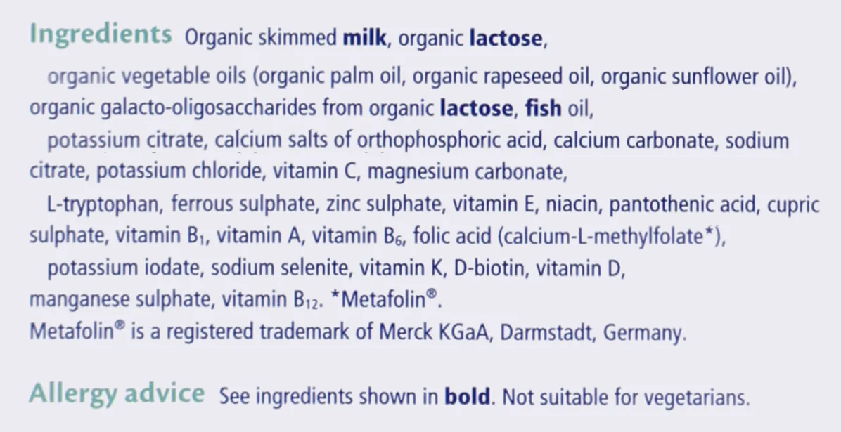 The ingredients list on the back of the UK Growing Up Milk tin