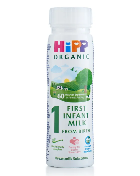 HiPP Organic First Infant Milk Ready to Feed, 200 ml bottle, UK label, front