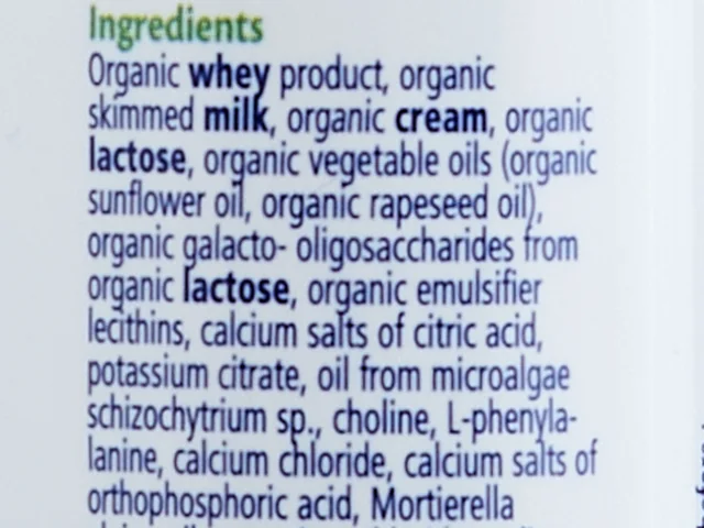 The start of the ingredients list on the side of the First Infant Milk bottle