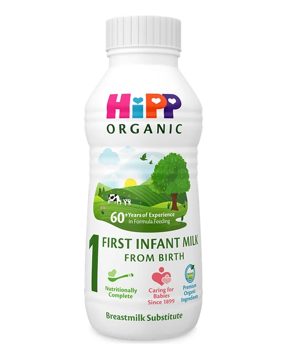 HiPP Organic First Infant Milk Ready to Feed, 470 ml bottle, UK label, front