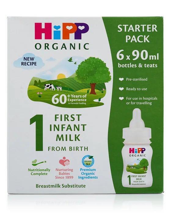 HiPP Organic First Infant Milk Ready to Feed starter pack, six 90 ml bottles, UK label, front
