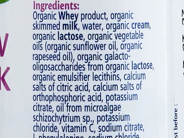 The start of the ingredients list on the side of the Follow On Milk bottle