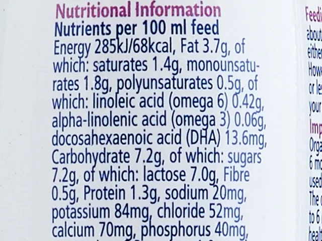 The nutrition information on the side of the Follow On Milk bottle