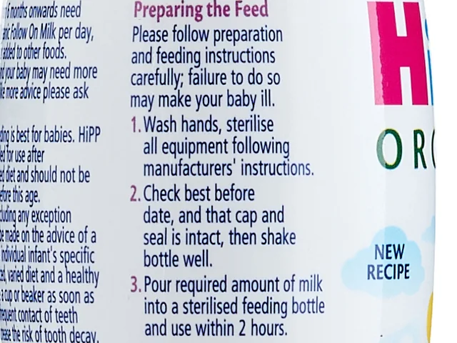 The preparation steps on the side of the Follow On Milk bottle
