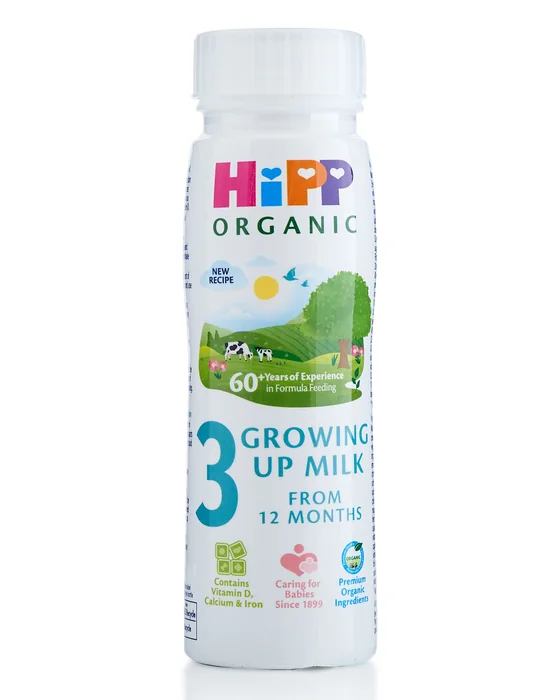 HiPP Organic Growing Up Milk Ready to Feed, 200 ml bottle, UK label, front