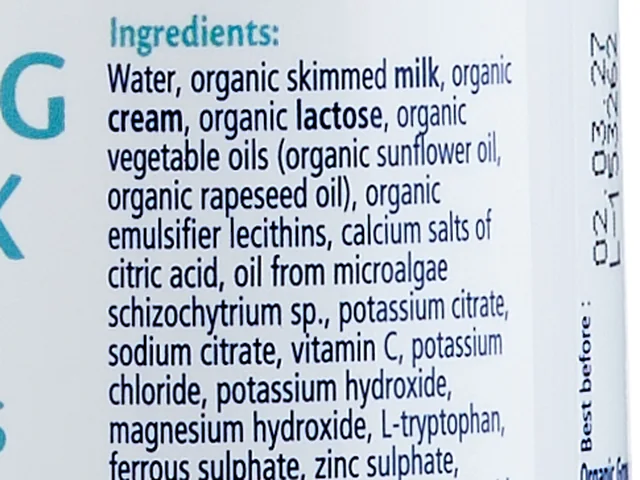 The start of the ingredients list on the side of the Growing Up Milk bottle