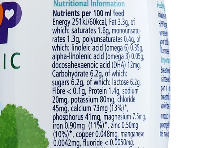 The nutrition information on the side of the Growing Up Milk bottle